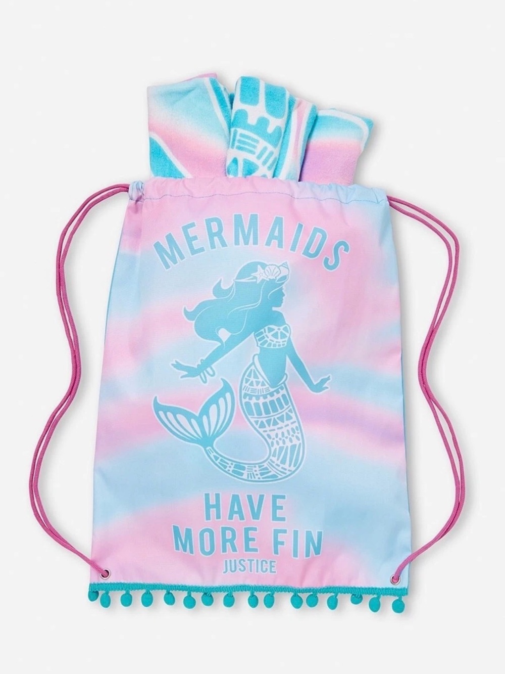 Mermaids Have More Fun Beach Towel With Pom Pom Drawstring Bag